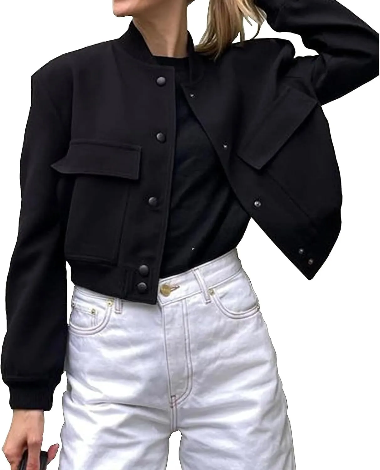 ZWRXW Womens Cropped Bomber Jacket Casual Long Sleeve Button Down Outwear Solid Baseball Varsity Jackets with Pockets