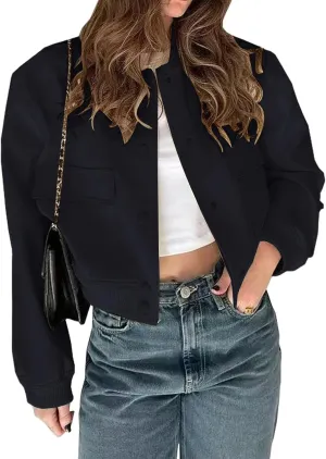 ZWRXW Womens Cropped Bomber Jacket Casual Long Sleeve Button Down Outwear Solid Baseball Varsity Jackets with Pockets